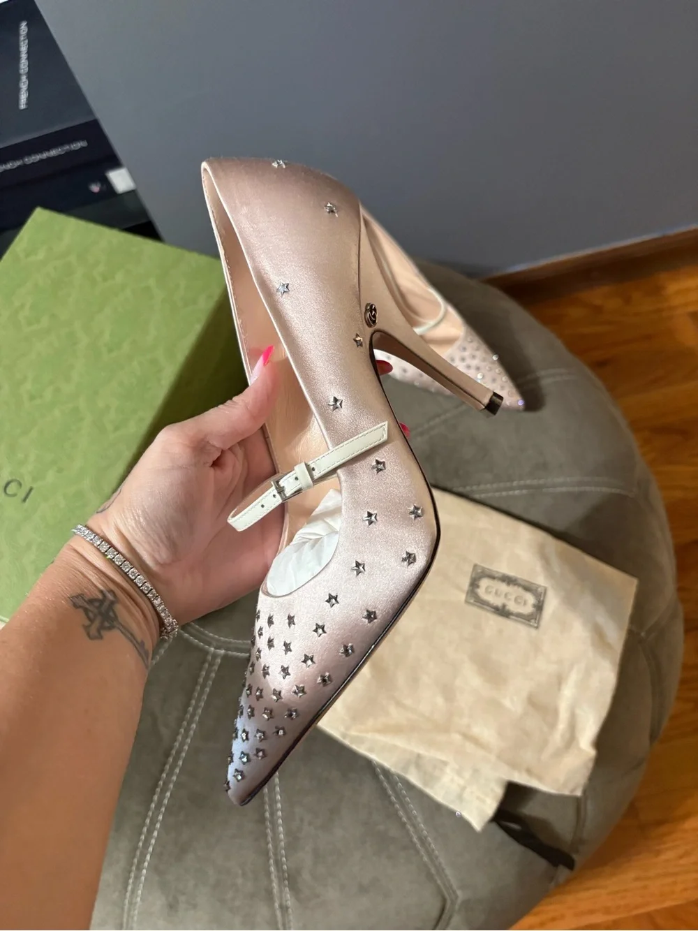 Gucci Blush Pink Studded Pointed Mary Jane Pumps
